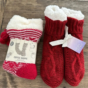 NWT Red Ivory Slipper Booties Fuzzy Socks 2 pair Christmas Holiday stars above